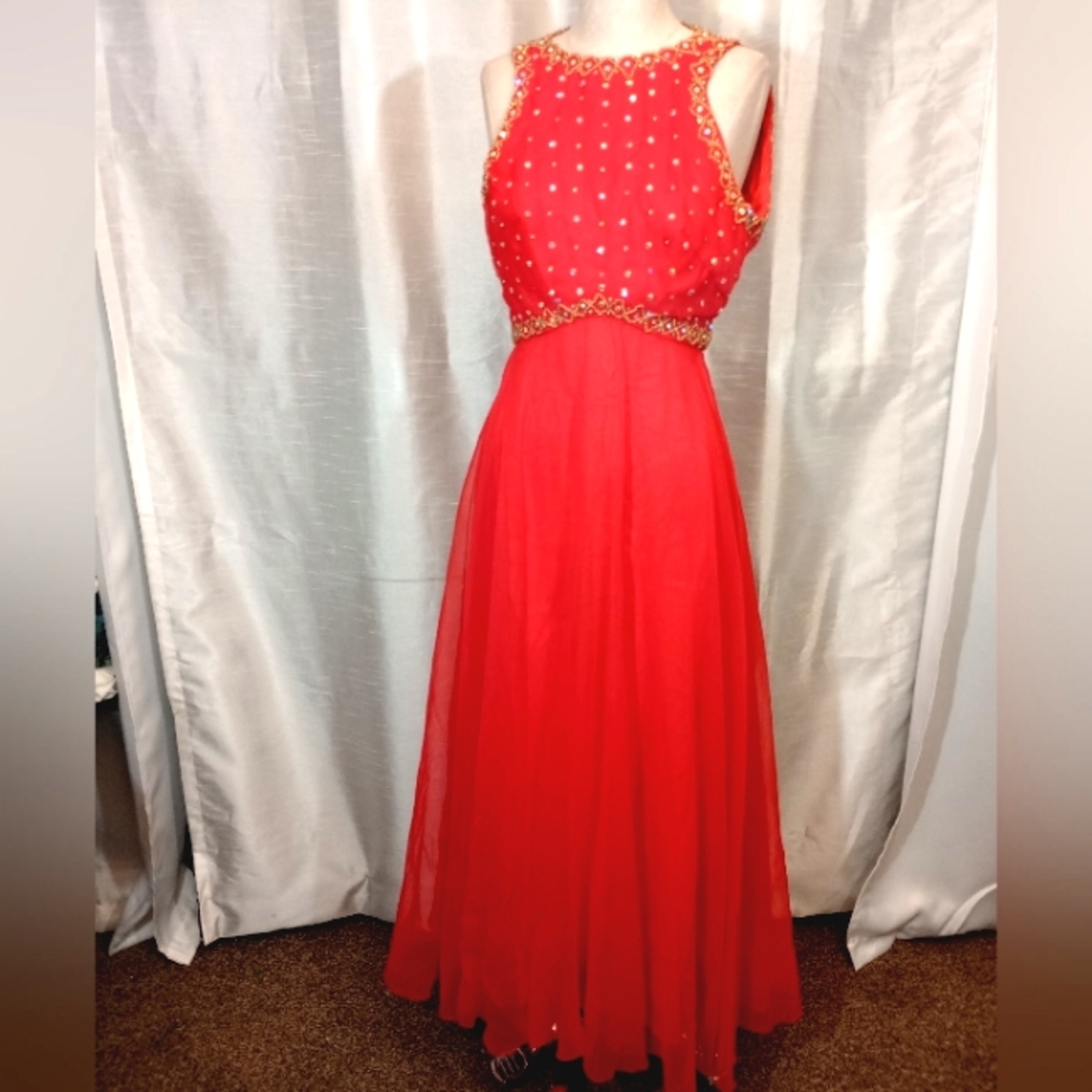 Mike Benet Rare Vintage A-line Dress,Shiny Jeweled, zip, sleeveless, Long, 0